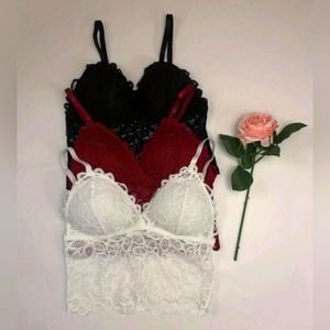 3pcs Floral Lace Crop Top V Neck Bralette Red White Black